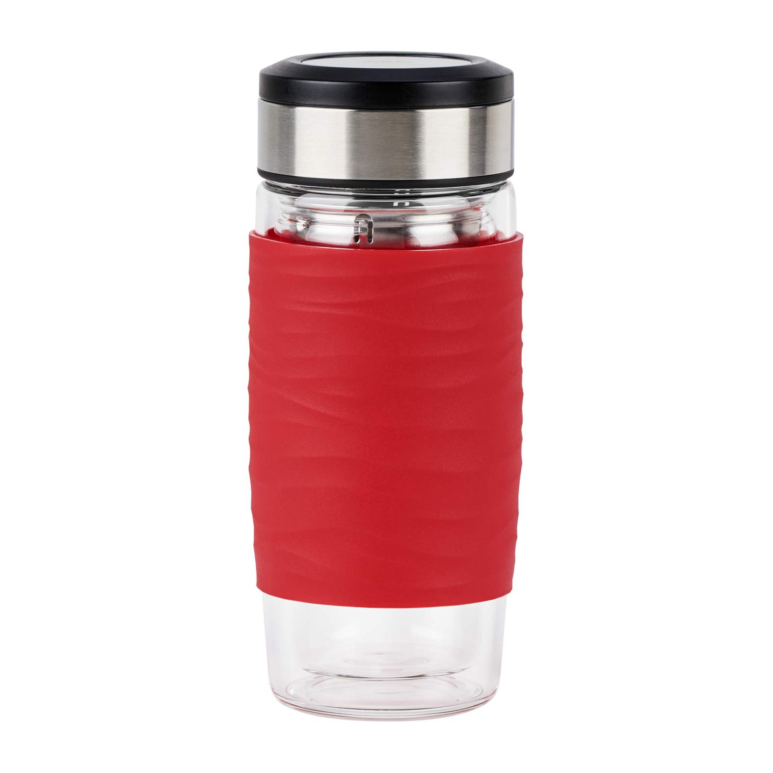 Emsa N20803 Tea Mug Made of Double-Walled Glass | Keeps Warm for 1 Send | 0.4 litres | Removable Strainer | BPA Free | 100% Leak-Proof | Red