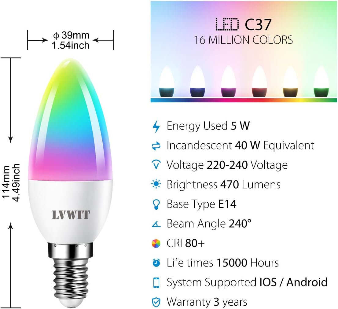LVWIT E14 Smart Bulb,Alexa Light Bulbs,C37 RGB Smart Candle Bulbs,470Lm,4.9W Replace 40 Watt Screw Smart Bulb Work with Alexa,Echo and Google Assistant,Tuya(Pack of 4) - Image 4