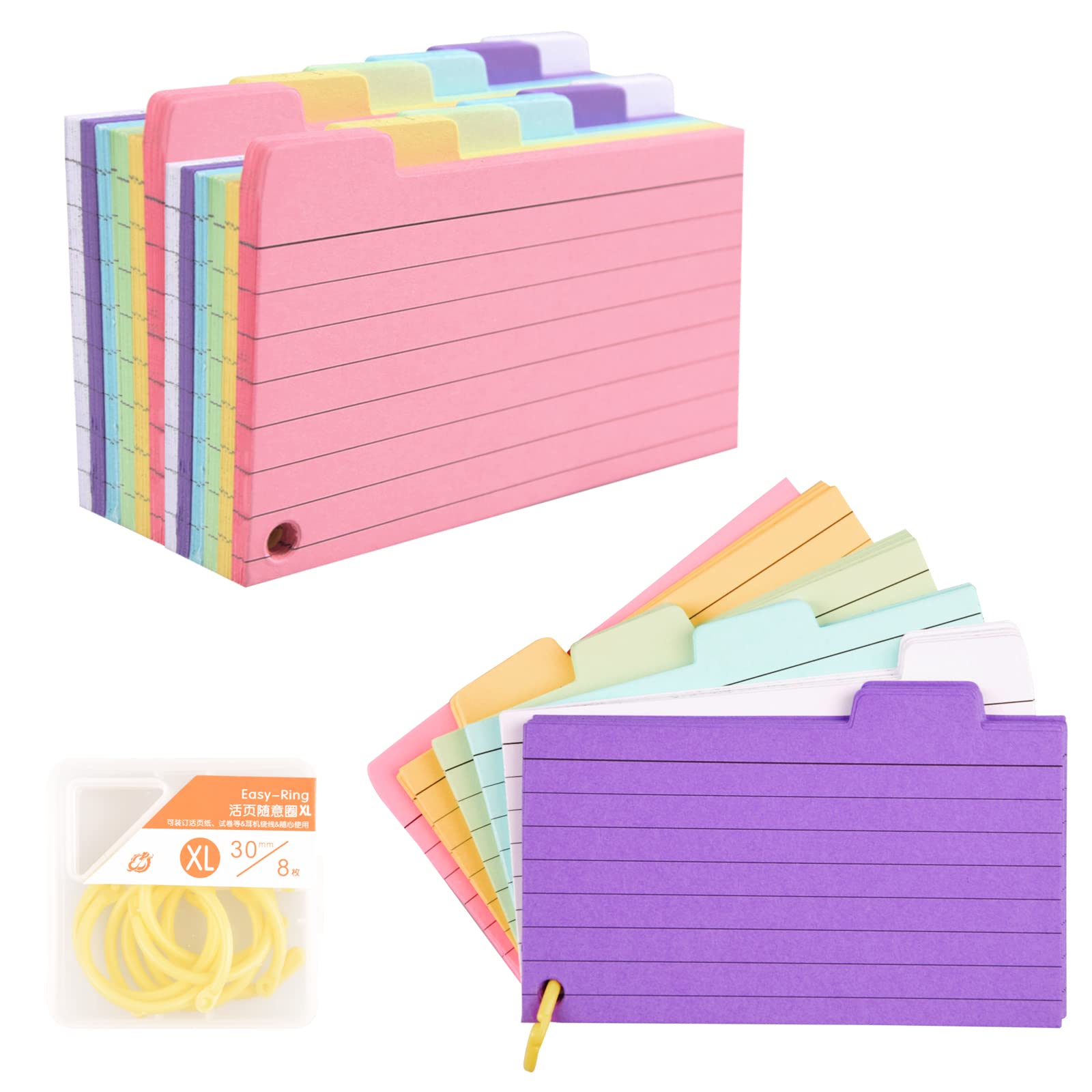 Vakki Tabbed Index Cards, 300PCS Colourful Flash Cards with 8 Binder Rings, Ruled Revision Cards Spiral Flashcards Lined Coloured Card Note Taking Cue Cards for Learning to Do List Notebook
