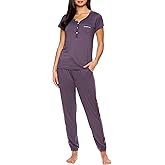 bebe Womens Pajama Set, Short Sleeve Shirt with Lace Jogger PJ Pants Lounge Sets for Women