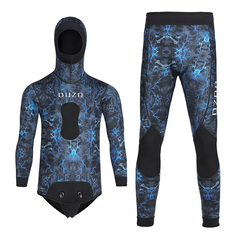 Photo 1 of WYYHAA 3MM Neoprene Spearfishing Wetsuit with Hooded, 2 Pieces Long Sleeve Camouflage Hunting Diving Suit with Loading Chest Pad for Cool Water Freediving,Blue,L