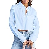 BONITEE Women Cropped Long Sleeve Button Down Shirts Spring Fall Casual Button Up Crop Blouses Sexy Lapel Tops with Pocket