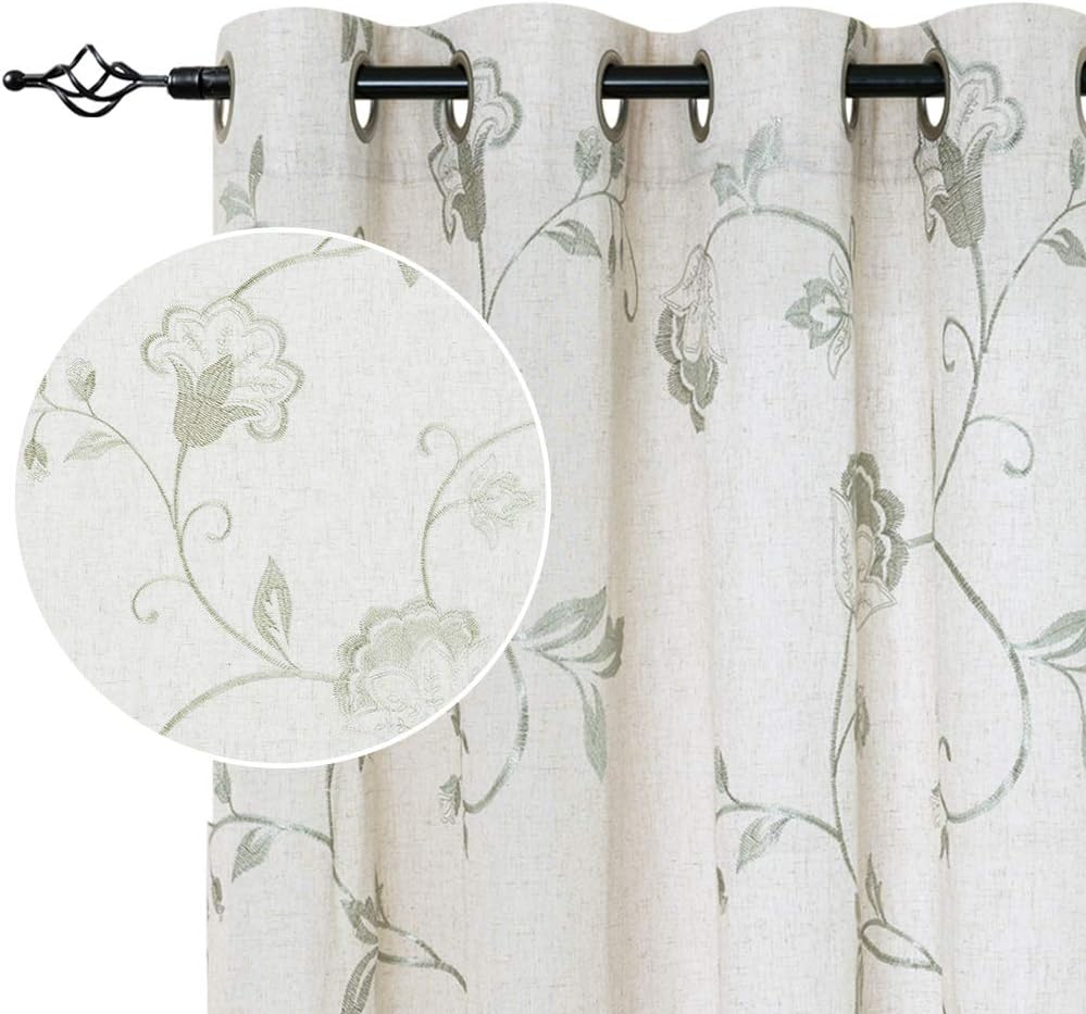 jinchan Linen Textured Curtains for Living Room Long Embroidered Design Window Curtains Privacy Flax Linen Look Window Treatment Set for Bedroom Grommet Top 2 Panels 63