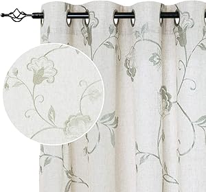 jinchan Linen Textured Curtains for Living Room Long Embroidered Design Window Curtains Privacy Flax Linen Look Window Treatment Set for Bedroom Grommet Top 2 Panels 63