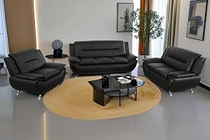 A Ainehome Modern Faux Leather Living Room Furniture Set - 6-Seat Sectional Sofa with Loveset and Chair (Black)
