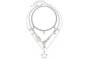 Inactwin Star Y2k Silver Necklace Grunge Layered Necklace Cute Aesthetic Stack Toggle Chain Necklaces Gothic Vintage Emo Jewelry Set for Women