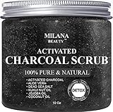 Activated Charcoal Scrub for Deep Cleansing & Exfoliation 10 oz. - Pore Minimizer & Reduces Wrinkles, Acne Scars, Blackheads & Anti Cellulite Treatment - Great Body Scrub, Facial Scrub & Cleanser