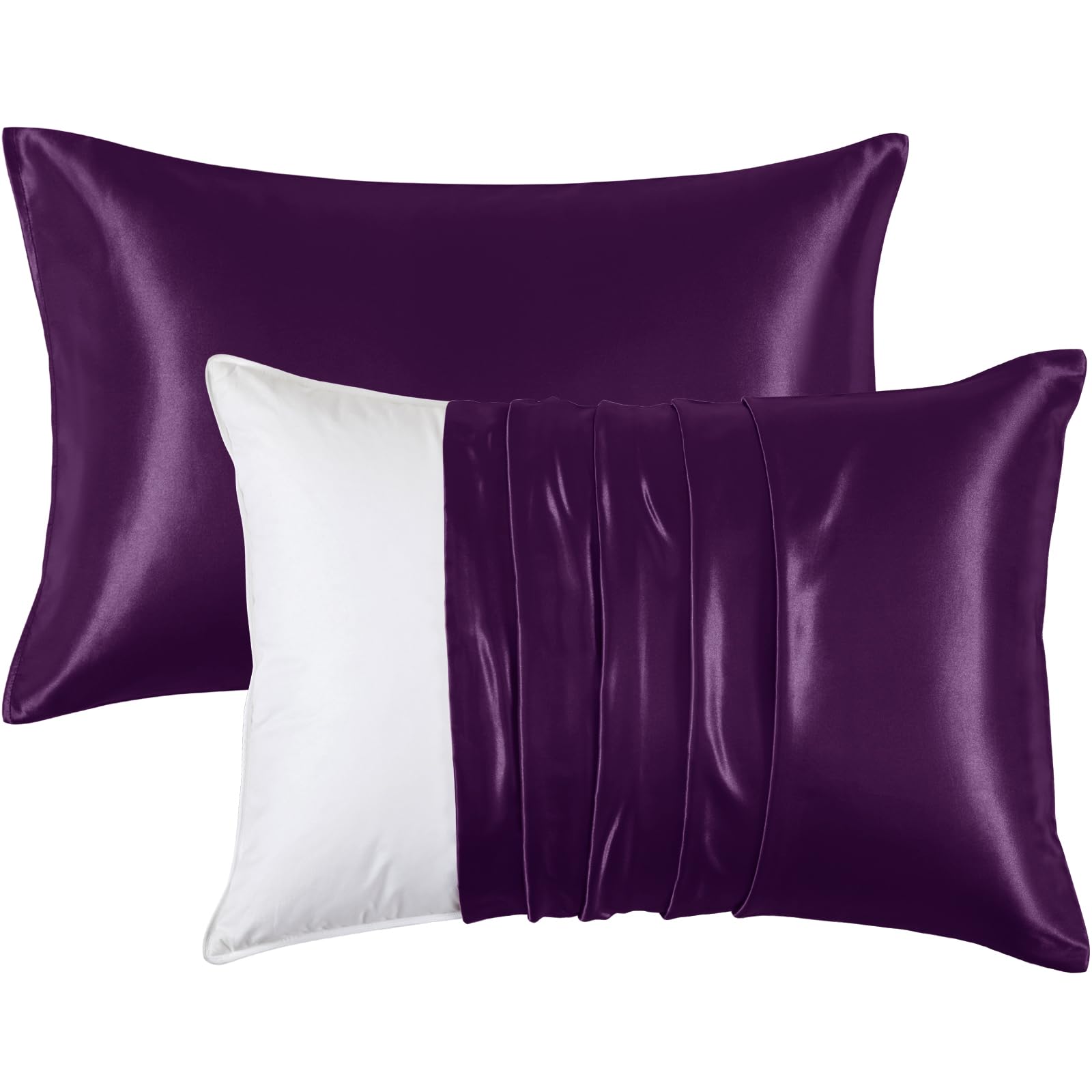 Heywaller Satin Pillowcases for Hair and Skin - Purple Standard Size PIllow Cases 2 Pack - Similar to Silk Pillowcases with Envelope Closure - Soft & Silky Pillow Covers for Him or Her