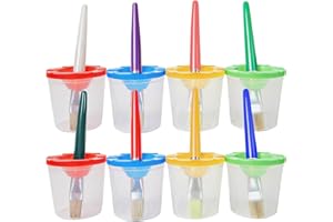 SUNFATT 8 Paint Cups with Lids & 8 Paint Brushes,Spill-Proof Art Supplies for Adults,Reusable Plastic Paint Containers with Brushes for Acrylic,Watercolor,Classroom, DIY Crafts