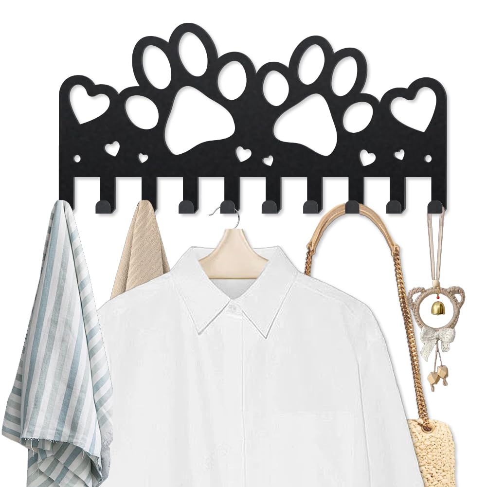 MAYJOYDIY Paw Prints Key Holder for Wall, Heart Shape Metal Dog Paw Key Hooks Wall Mounted with 10 Hooks, 25×12cm, Dog Leash Coat Hanger for Hallway Office Kitchen Mudroom Entryway