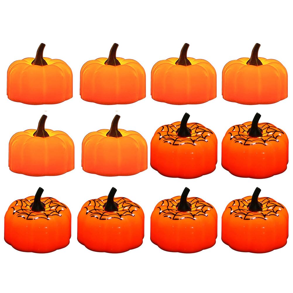 Pumpkin Tea Light, 12pcs Flameless Candles Pumpkin Lights, Jack-O-Lantern Orange LED Candel Lamp for Halloween Thanksgiving Party Decoration
