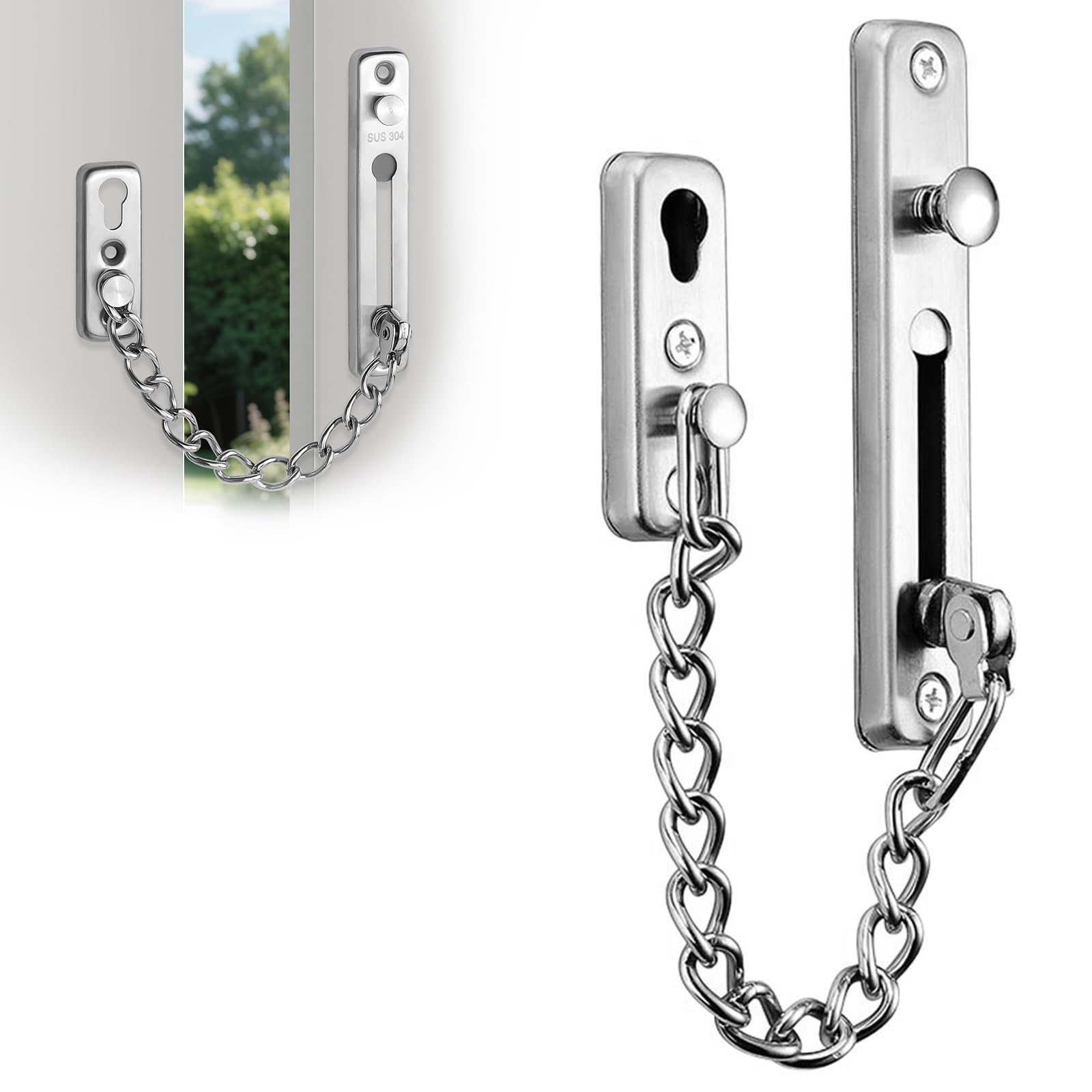 Door Chain Stainless Steel Security Chain Lock, Door Chains, Sliding Bolt Bolt Guard Safety Lock, Security Private Door Lock with 4 Screws for Front Door, Security for Home, Hotel (Silver)
