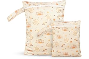 CoolaPeach 2 Pcs Wet Bags Waterproof Reusable Zippered Pocket Cloth Diaper Wet Dry Bags for Travel Beach Pool Swim, Baby Diapers,Gym Yoga Wet Clothes,Swimsuit,water wipes (Moon Star)