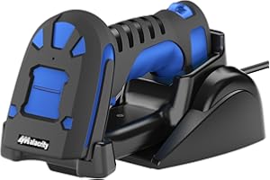 Alacrity Upgraded 2D Industrial Barcode Scanner with Wireless Charging Stand, 1968 Feet Transmission Distance 433Mhz Wireless & Bluetooth 2in1 Barcode Reader, Shock Dust Proof Hands Free, Blue