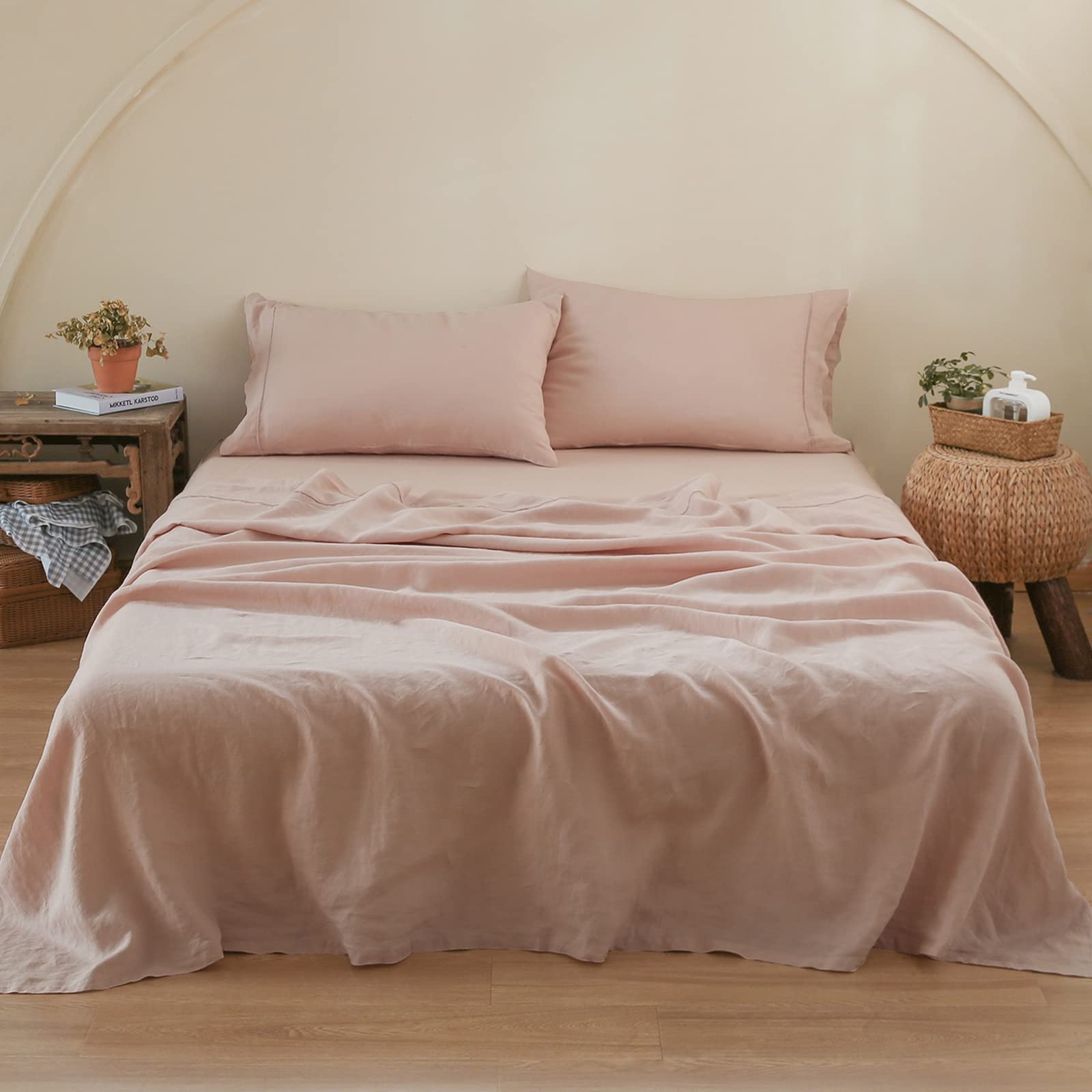 Photo 1 of Simple&Opulence 100% Linen Sheet Set with Embroidery Washed - 4 Pieces (1 Flat Sheet & 1 Fitted Sheet & 2 Pillowcases) Natural Flax Soft Bedding Breathable Farmhouse - Pink, Full Size