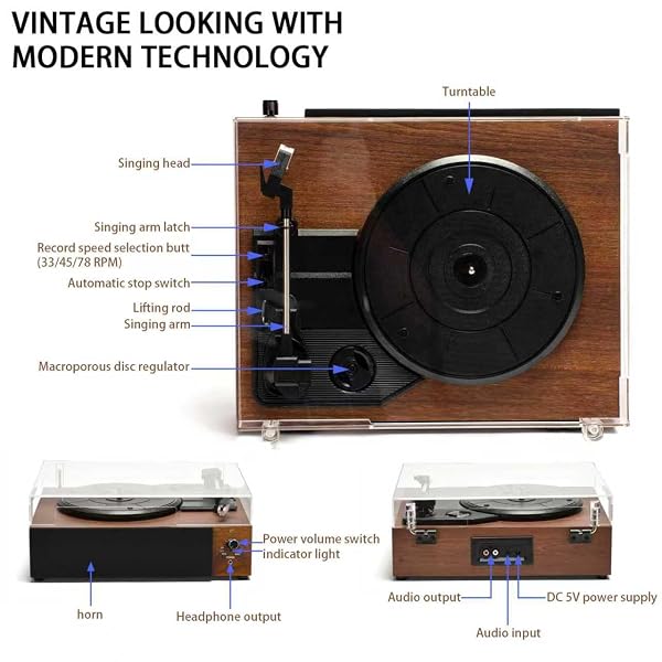 PORTABLE BLUETOOTH VINYL RECORD PLAYER TURNTABLE WITH BUILT-IN SPEAKERS, RECHARGEABLE, MULTIPLE SPEEDS (33/45/78 RPM) – RETRO VINTAGE DESIGN FOR HOME & GIFTS