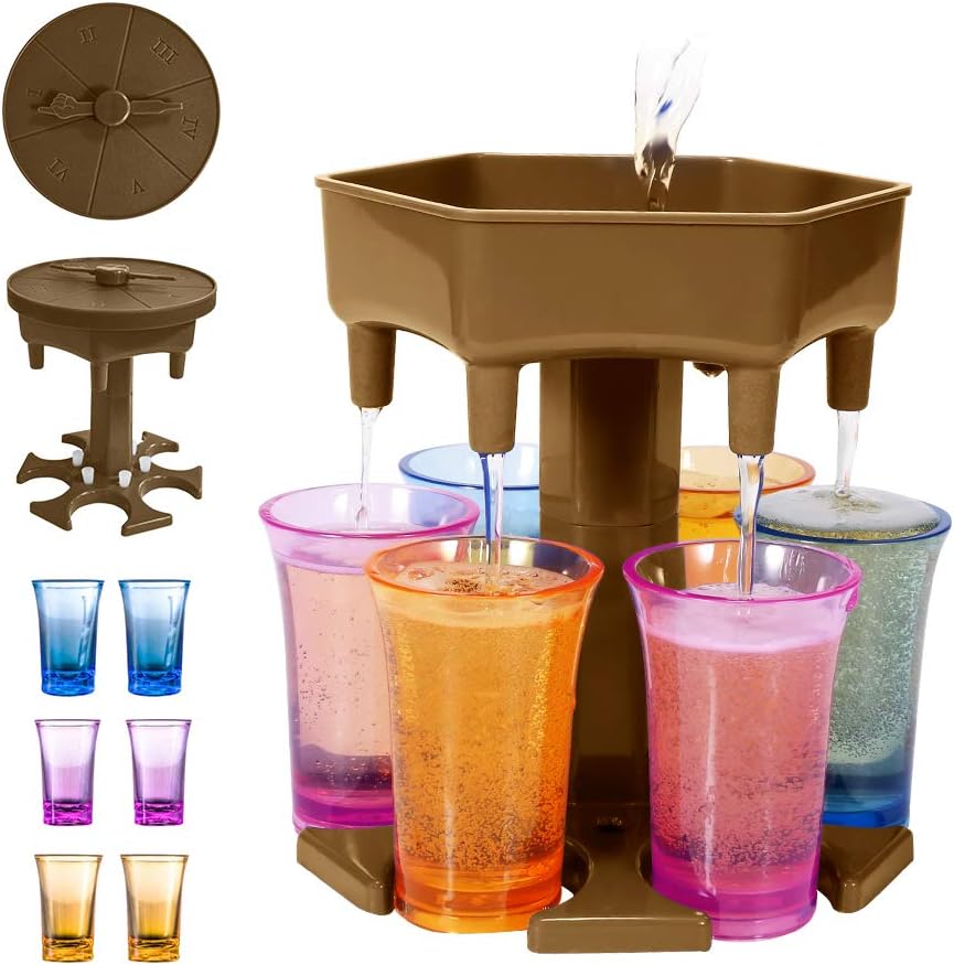 New Version 6 Shot Glass Dispenser and Holder With Game Turntable,Shot Dispenser With 6 Silicone Plug For Filling Liquids, Home Party Bar Shot Dispenser Cocktail Dispenser Carrier (Khaki/With 6 Cups)