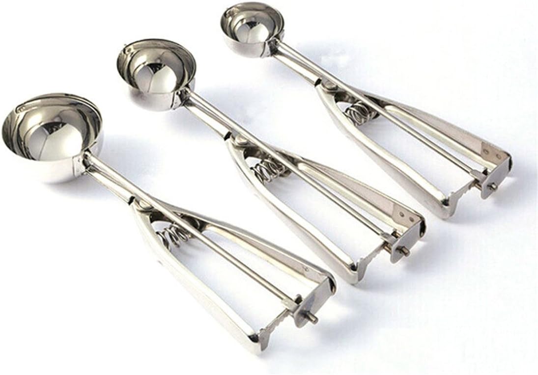 Holzsammlung 304 Stainless Steel Cupcake Muffin Batter Dispenser, Ice Cream Cookie Muffin Scoop Set, 3 PCS Trigger Ice Cream Scoops Include Large-Medium-Small Size Balls, Silver#2