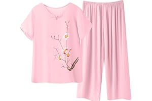 breaise Cotton Linen Pajama for Women Summer Casual 2 Piece Sets Plus Size O Neck Short Sleeve Tops with Lightweight Pants