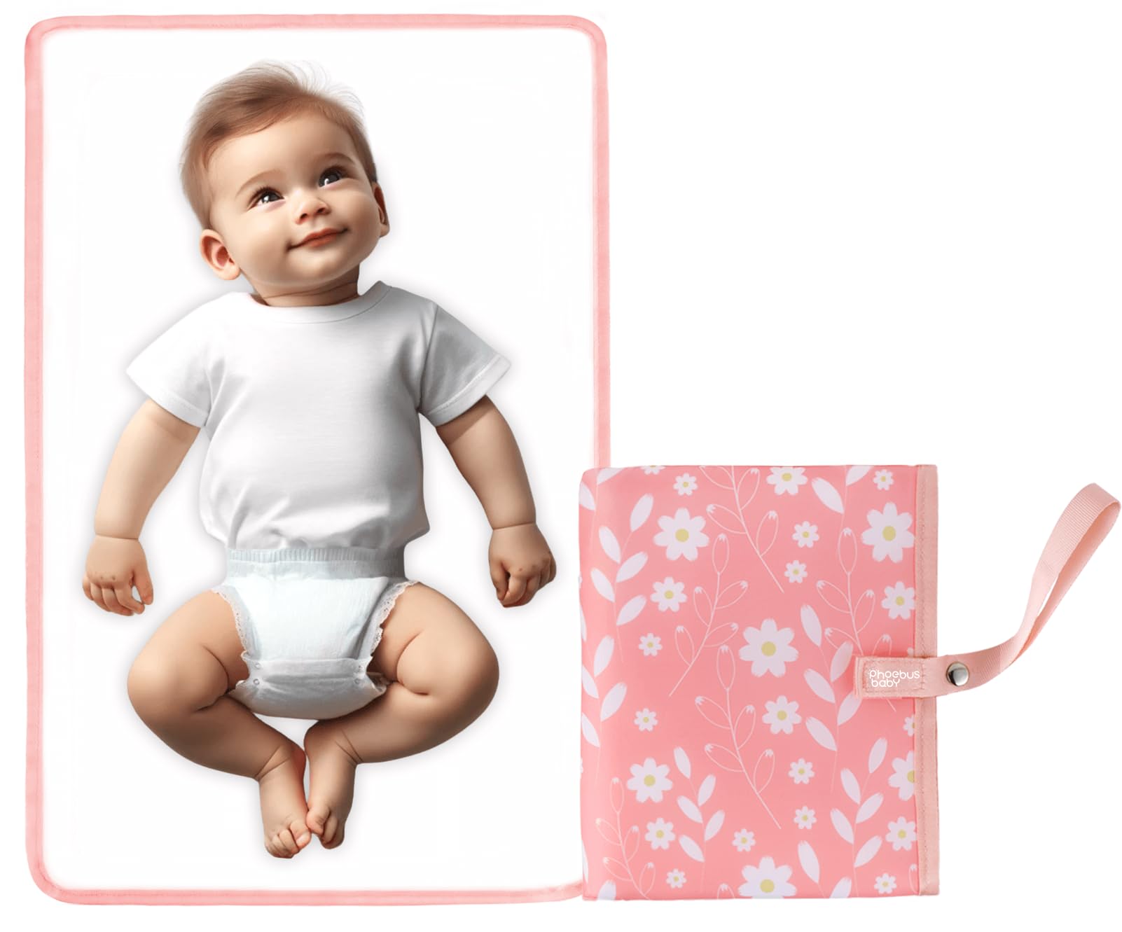 Portable Diaper Changing Mat for Baby - Waterproof Compact Changing Mat with Wrist Strap - Wipeable Travel Changing Pad for Diaper Bag(Pink Flowers)