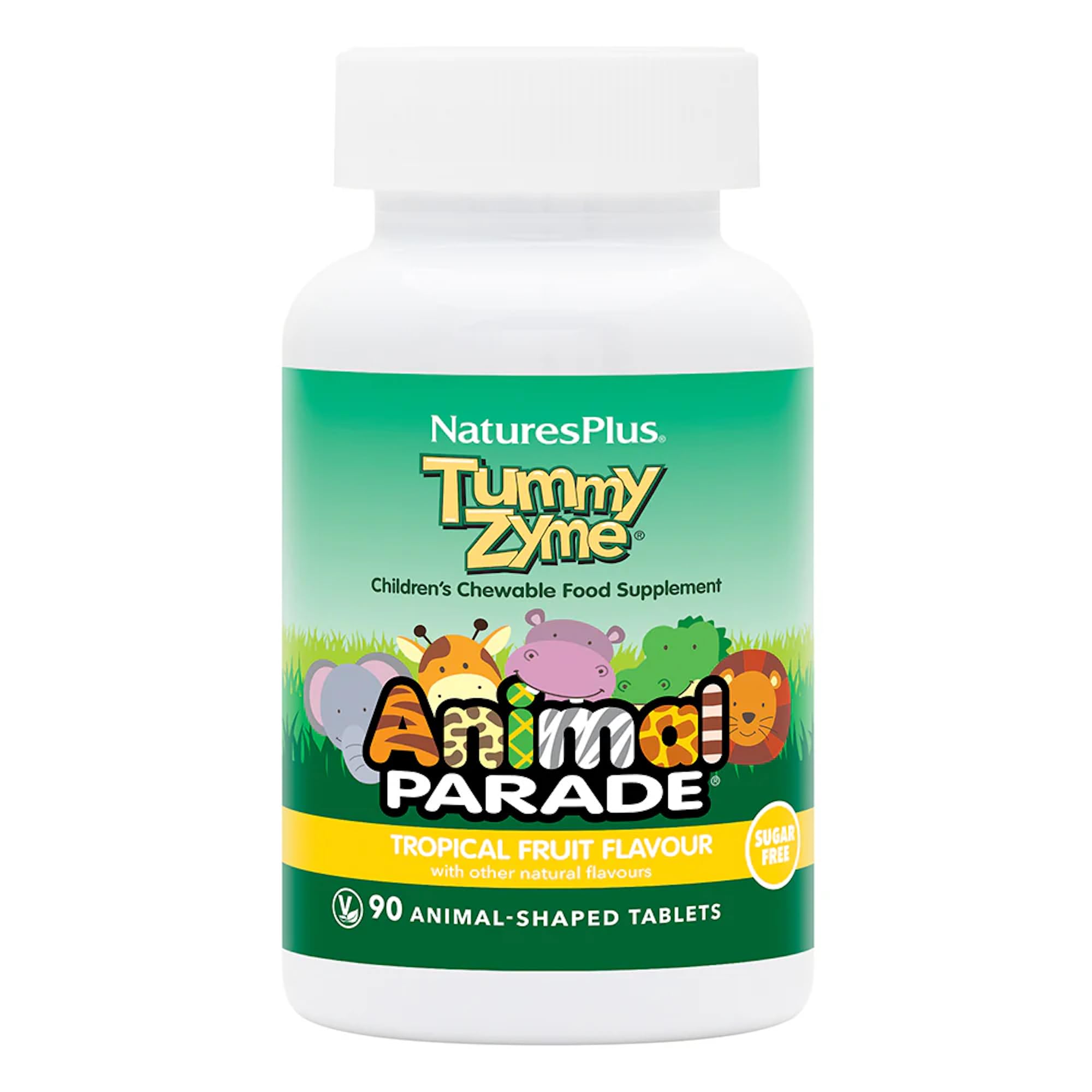 NaturesPlus Animal Parade Tummy Zyme Children’s Digestion Support - Active Enzymes, Lactase, Live Probiotics - Vegetarian, Gluten Free - Tropical Fruit Flavour, 90 Chewables