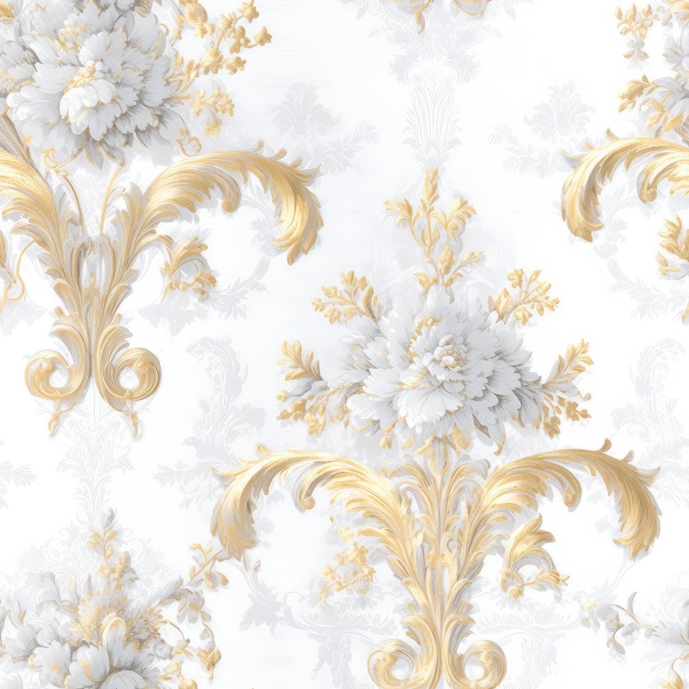 Photo 1 of REDAMANCY White Golden Yellow Damask Vintage Peel and Stick Wallpaper Stick on Contact Paper Vintage Wall Paper Easy Peel Off for nightstand Drawer Cabinet Renter