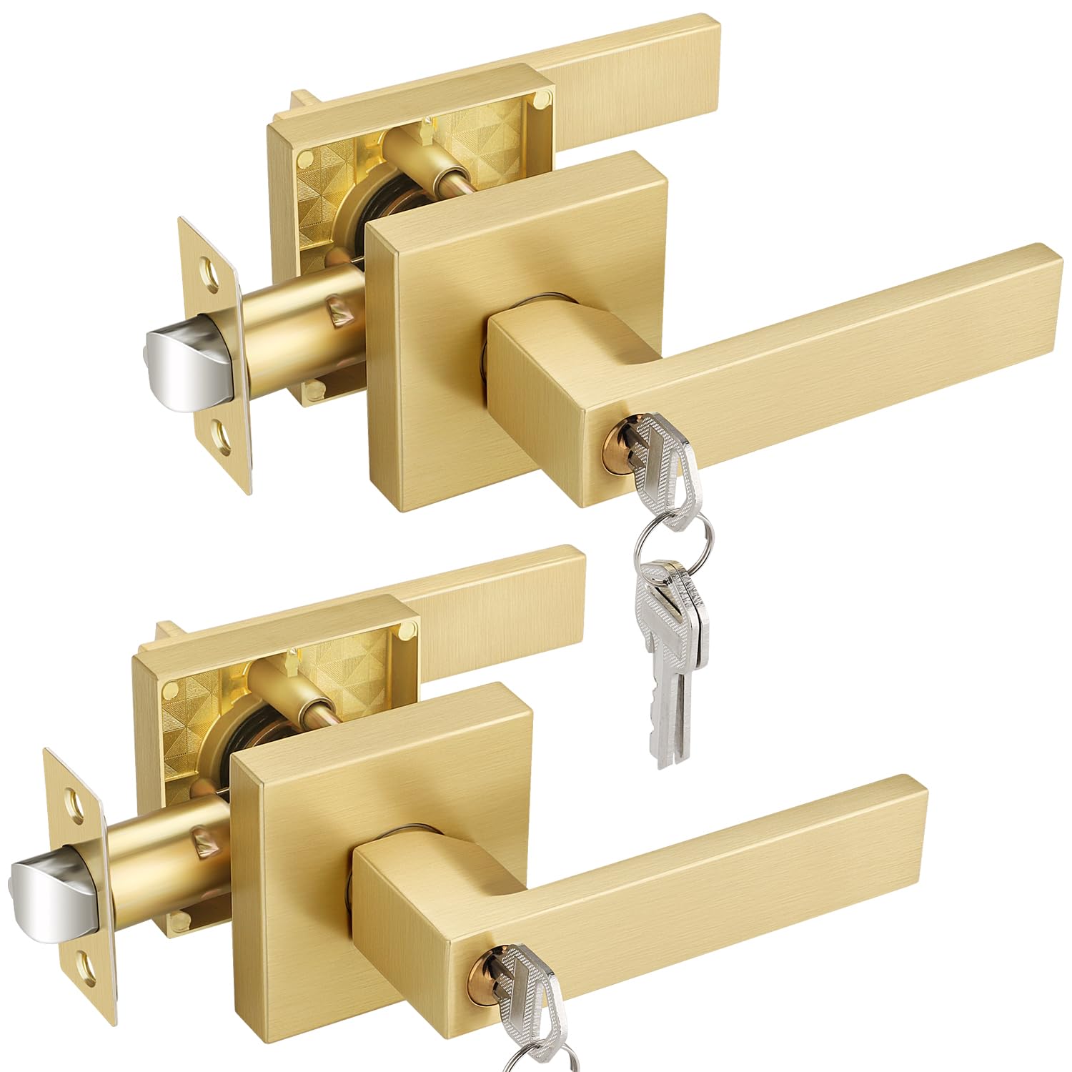 Photo 1 of EHOMEWARE 2 Pack Exterior Door Lever with Lock Door Handle Gold, Heavy Duty Satin Brass Entry Door Handle Set with Keys, Bedroom Bathroom Interior Door Handles Keyed Alike