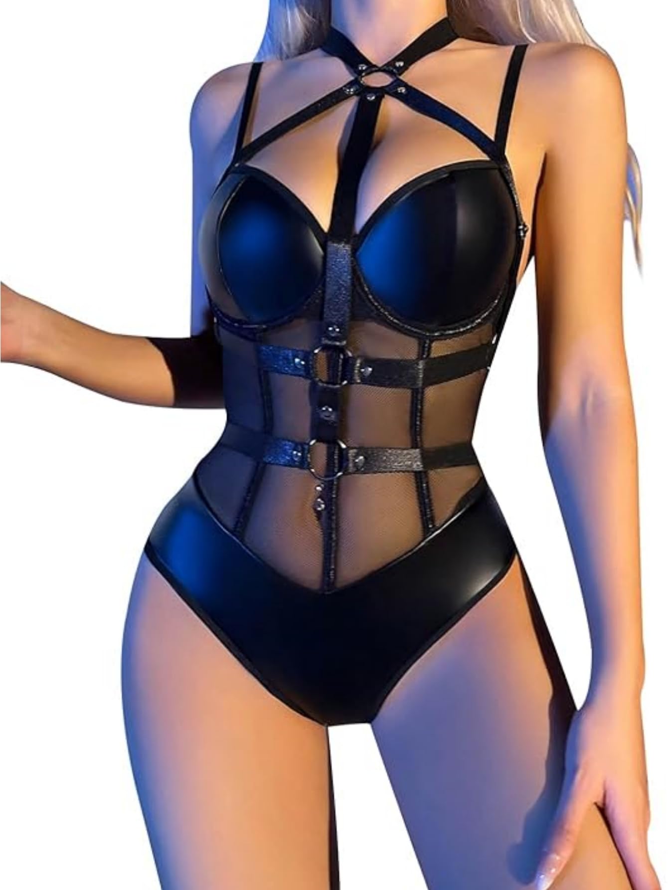 Photo 1 of uwsic Leather PU Underwire Babydoll Women Harness Teddy Bodysuit Nightshirt One Piece Black Small