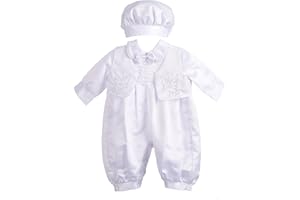 Dressy Daisy Infant Baby Boy Christening Baptism Outfit Satin Romper Bodysuit Set with Bonnet Hat Size 0-18 Months, White