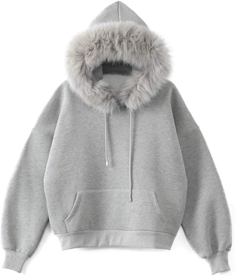 Clothes Sale Ladies Fashion Plain Long Sleeve Casual Loose Pullover Sweatshirts with Fur Hooded