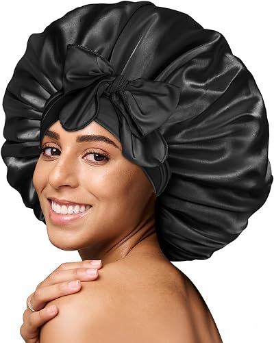 BONNET QUEEN Silk Bonnet Sleeping Cap Large Black for Curly Hair
