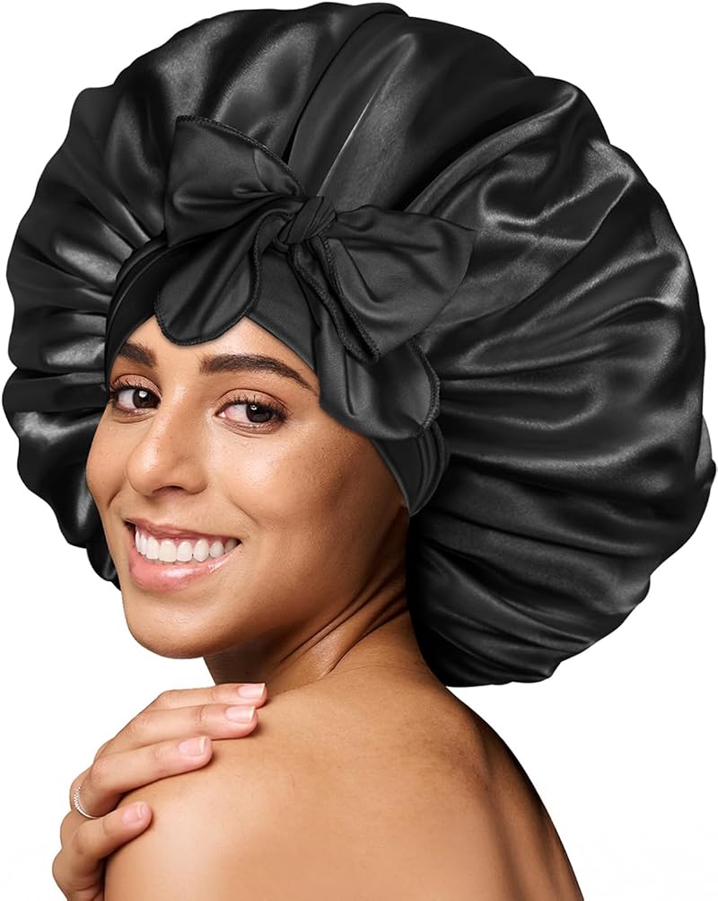 BONNET QUEEN Silk Bonnet Sleeping Cap Large Black for Curly Hair