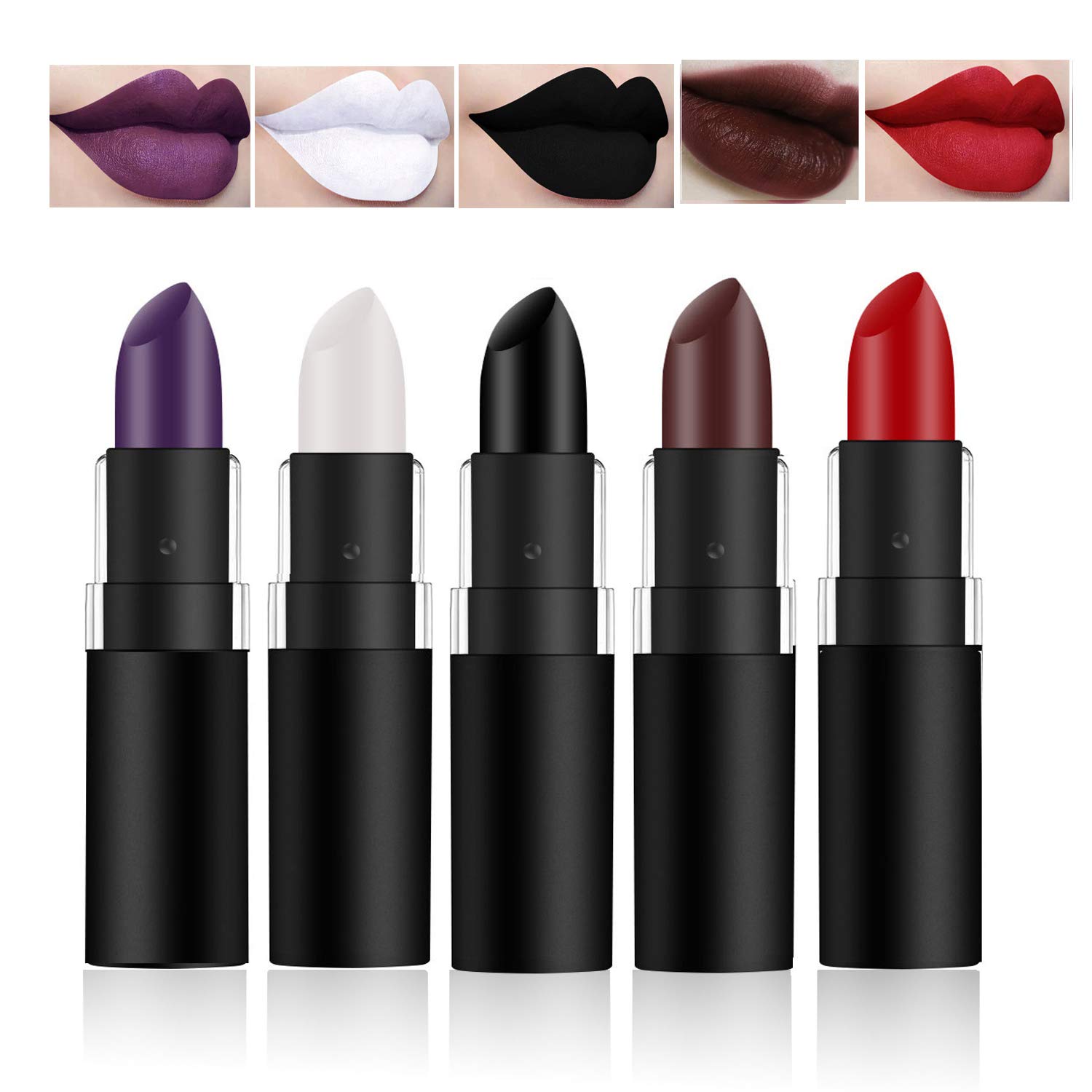 GL-Turelifes 5 Pack Vampire lipsticks Set Matte Long Lasting Red Black Purple White Velvet Lipstick for Masquerade, Cosplay, Halloween Makeup
