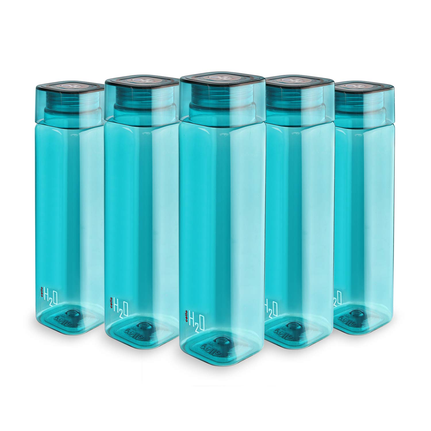 Cello H2O Squaremate Plastic Water Bottle, 1Liter, Set of 5, Green
