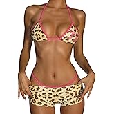 Women's 3 Piece Halter String Bikini Set Sexy Leopard Print Spaghetti Strap Triangle Swimsuit Beach Bathing Suits Swimwear