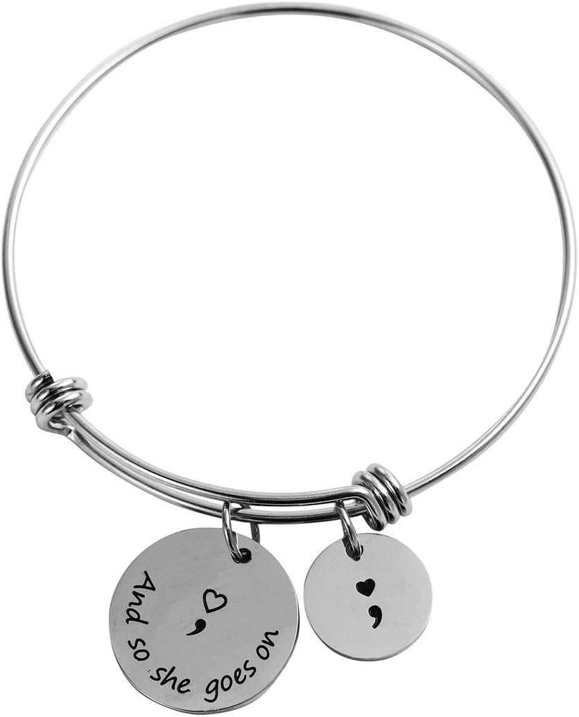 HOFOYA Semicolon Bangle Brave Survivor Expandable Wire Bangle Inspirational Meaningful Charm Bracelet Jewelry Gift for Women Girls or Kids.