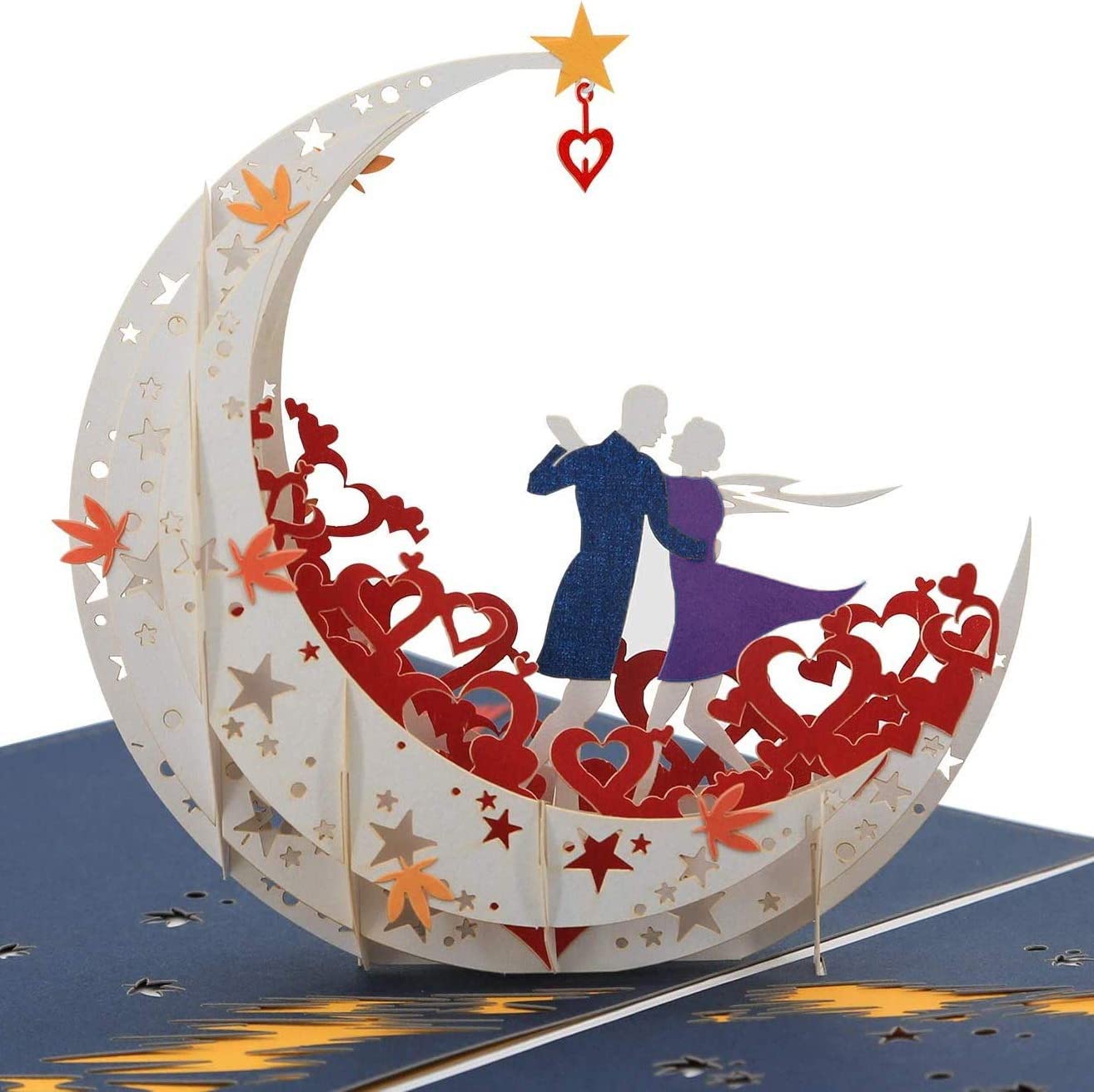 NLR 3D Pop-up Greeting Card # Lovers Dance on Moon Boat, Best for Anniversary, Valentine's Day, Birthday, Wedding Ceremony (White)