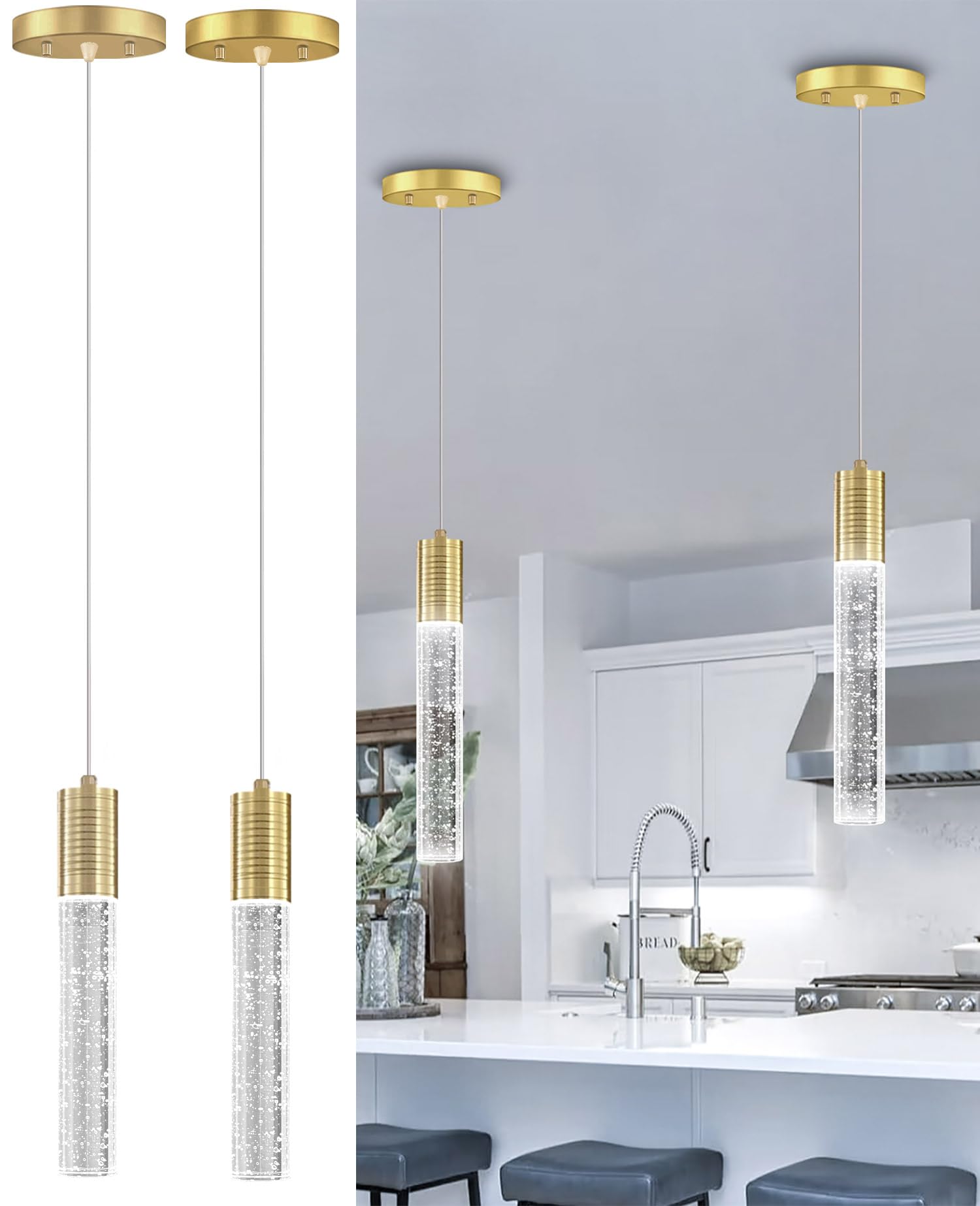 Photo 1 of HAIXIANG Set of 2 Pendant Lights for Kitchen Island, White Light, Gold Crystal Linear Pendant Lighting, Bar Corner LED Light Fixture