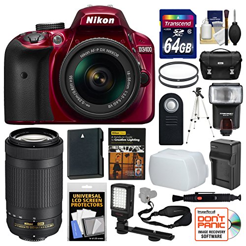 Nikon-D3400-Digital-SLR-Camera-18-55mm-VR-Red-70-300mm-DX-AF-P-Lenses-64GB-Card-Case-Flash-Video-Light-Battery-Charger-Tripod-Kit