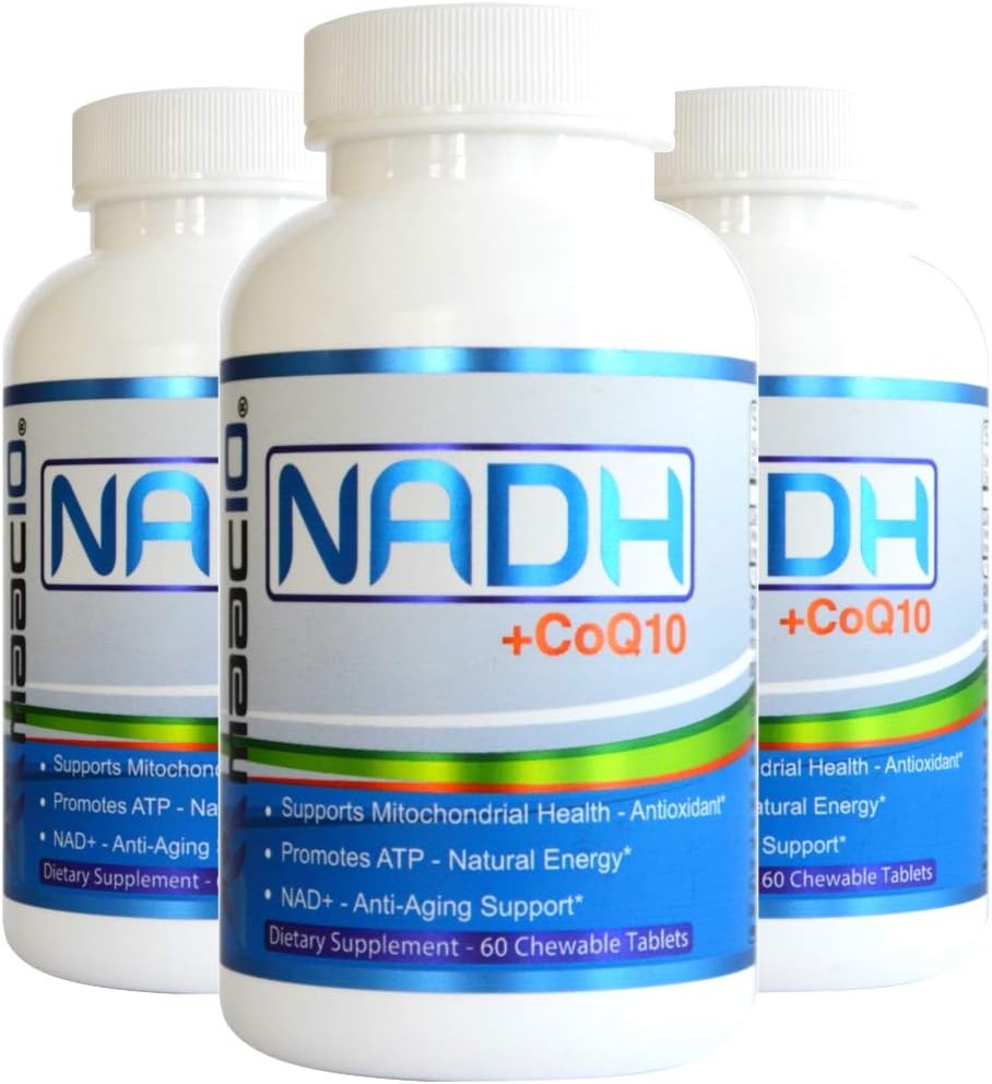 MAAC10 - NADH + CoQ10 (3-Pack) Supplement for Fatigue, Energy, Mental Focus & NAD+ Support, 50mg PANMOL® NADH + 100mg CoQ10 (180 Great Tasting Chewables).