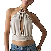 Women Y2K Solid Color Plunge Top Causal Cowl Neck Sleeveless Slim Fit Backless Halter Shirt Summer Streetwear