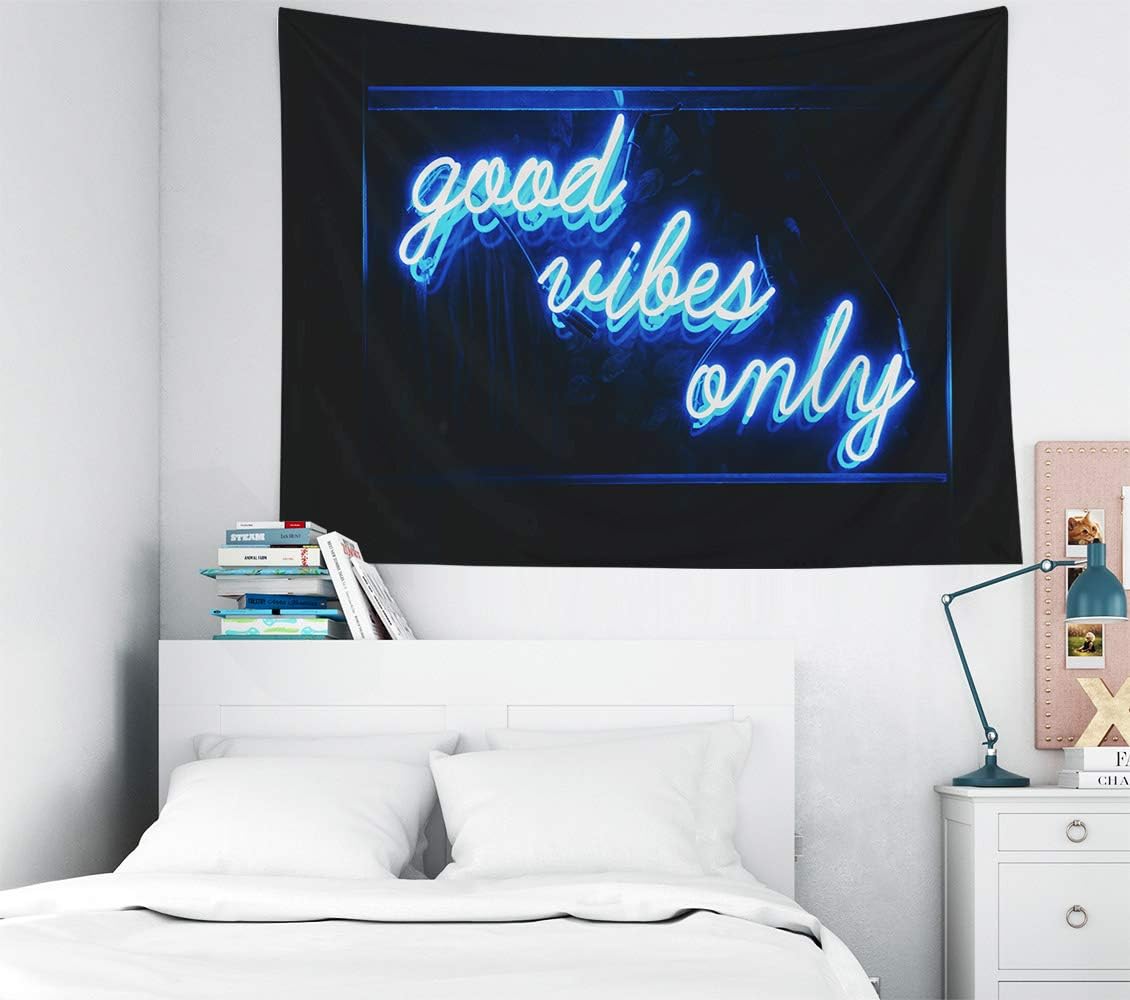 Tapestries - Quote Tapestry,Musesh Blue Tapestry Small Tapestry Good Vibes Only Words Neon For Bedroom Living Room Outdoor Wall Art Tapestry 40 inch W X 30 inch L Tapestry Wall Decor
