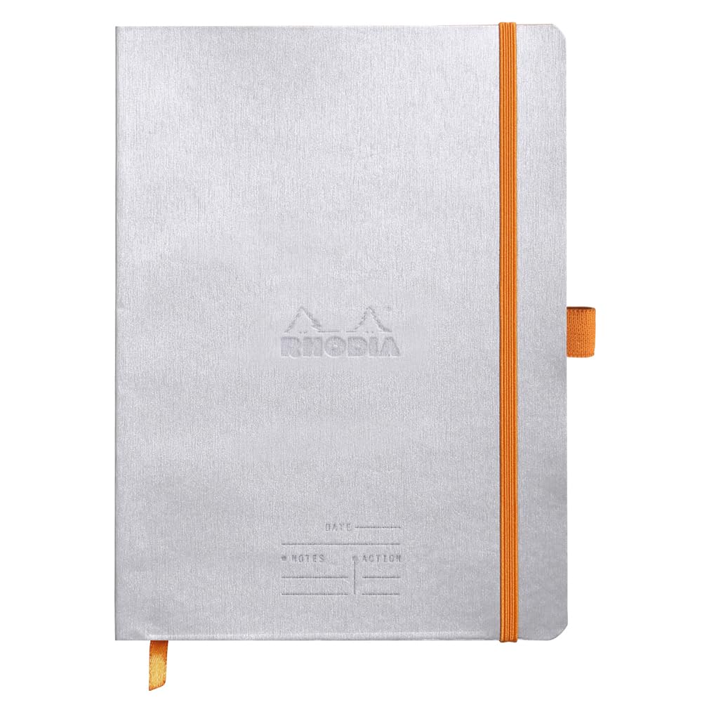 RHODIA 117781C - Soft Notebook Meeting Silver - A5+ - Pre-Printed Date/Notes/Action|160 Detachable Pages - Clairefontaine Paper 90g|Marque-Page, Pencil Holder - Imitation Leather Cover - Rhodiarama