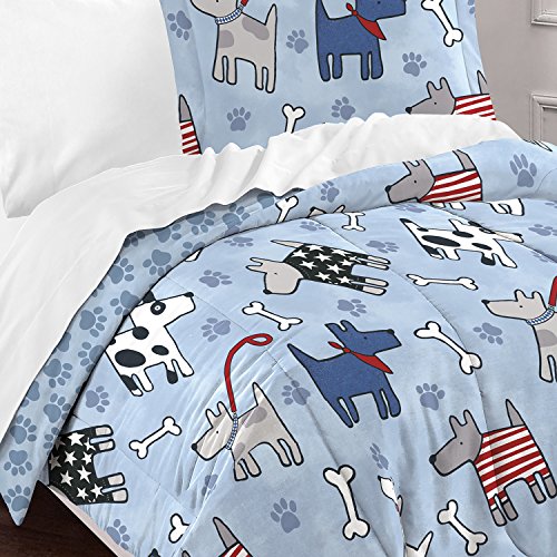 D I D 2 Piece White Blue Dog Themed Comforter Twin Set Puppy