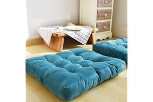 HIGOGOGO Thicken Tufted Cushion, Solid Square Seat Cushion Corduroy Chair Pad Pillow Seat Soft Tatami Floor Cushion for Yoga Meditation Living Room Balcony Office Outdoor, Turquoise, 22x22 Inch