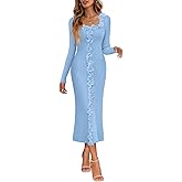 MEROKEETY Women's Fall Long Sleeve Sweater Dress 2025 Bodycon Square Neck Ruffle Ribbed Knit Midi Dresses