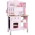 New Classic Toys Wooden Pretend Toy Kitchen for Kids Role Play Included Accessoires Pink Colored - Makes Sound