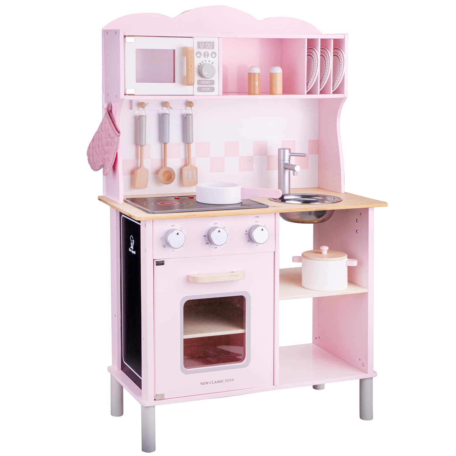 New Classic Toys Wooden Pretend Toy Kitchen for Kids Role Play Included Accessoires Pink Colored - Makes Sound Image