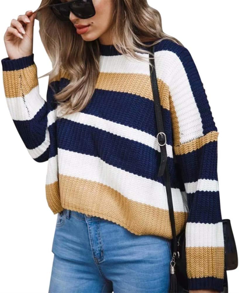Yeshire Women's Long Sleeve Loose Oversized Casual Crew Neck Knitted Sweater Pullover Crop Tops Jumper