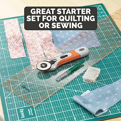 KnitIQ Rotary Cutting Set, Contains Rotary Cutter, self-Healing Cutting mat, Ruler, Seam Ripper and Long Pearlised pins